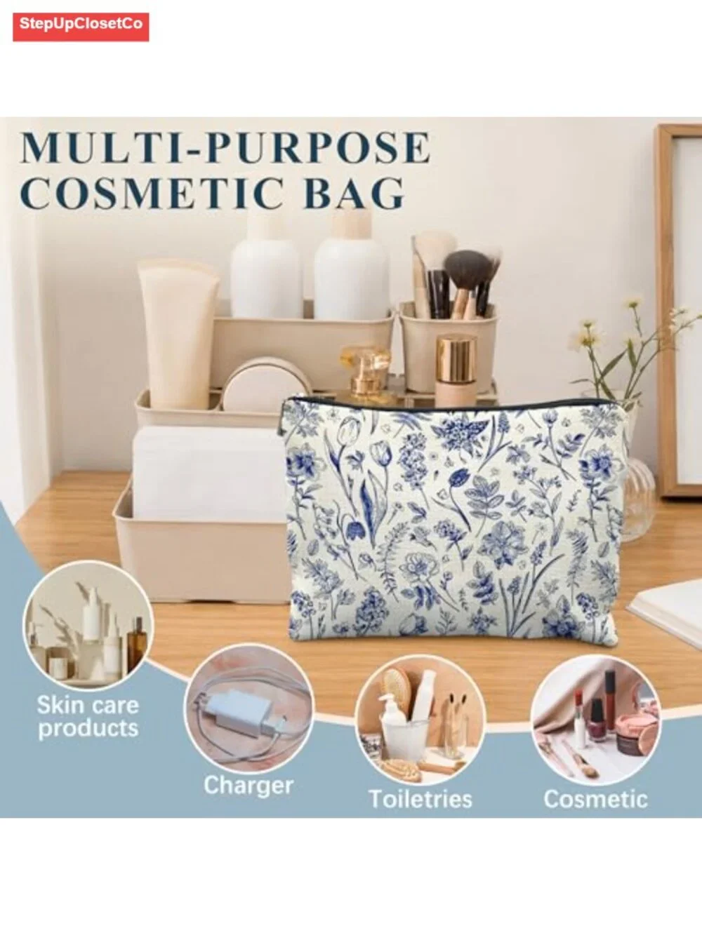 Linen Cosmetic Bag with Zipper - Floral Makeup Organizer for Women